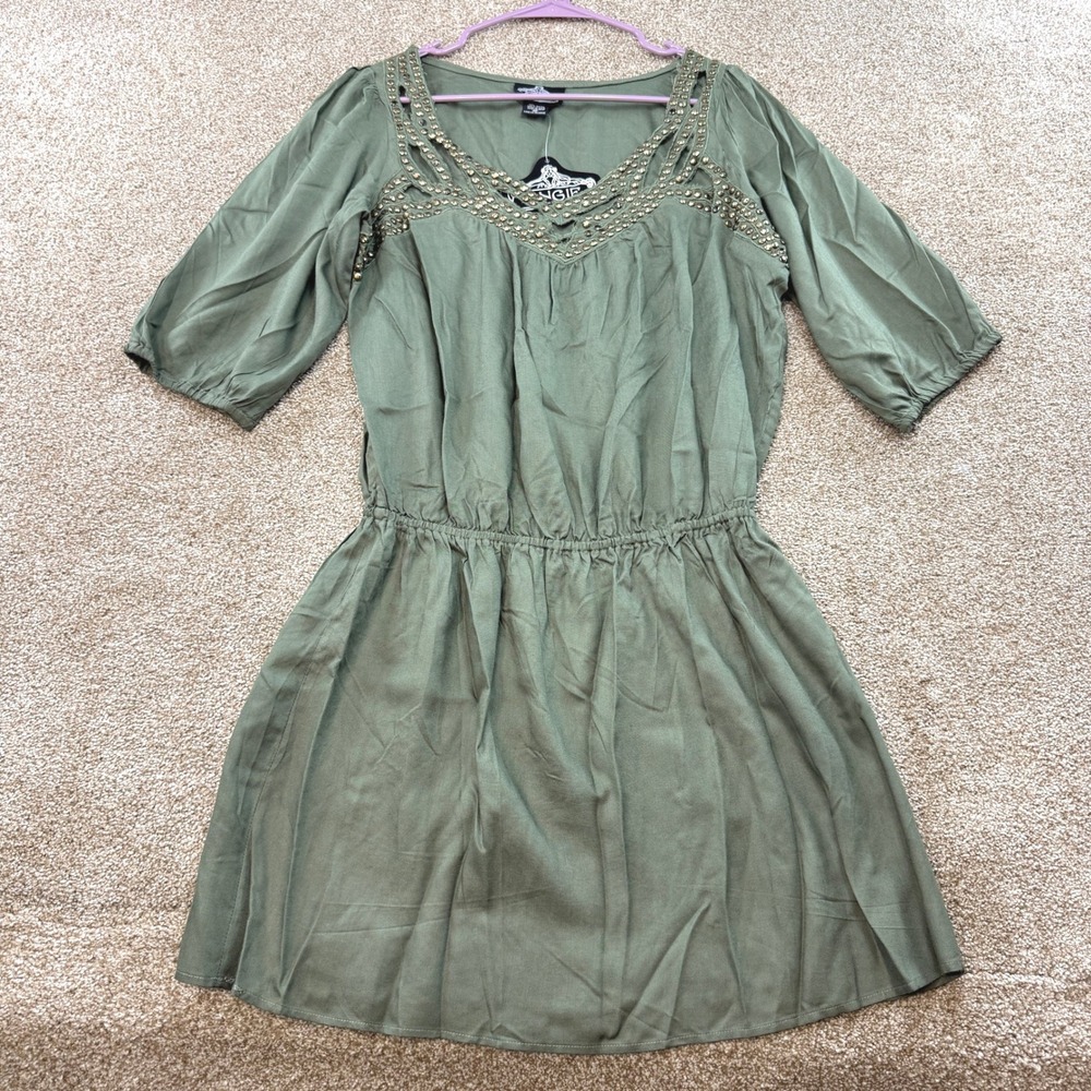 Angie Women Olive Green Studded Lattice Dress Medium NEW Boho Peasant Festival